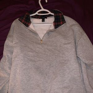 Gray Half Zip Sweatshirt Plaid Collar